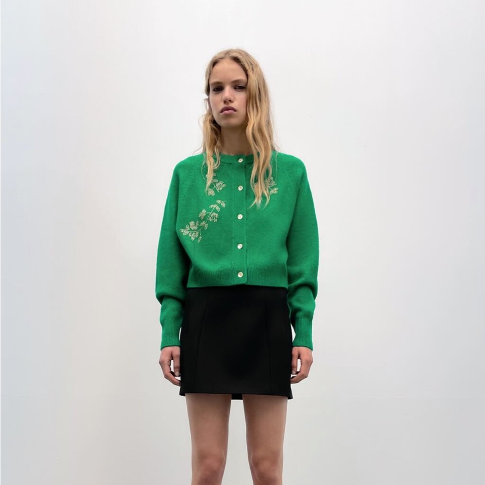 Never been worn soft green cardigan with beautiful beaded detail